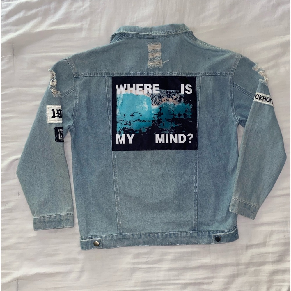 Women’s graphic grunge jean jacket, patches, size large